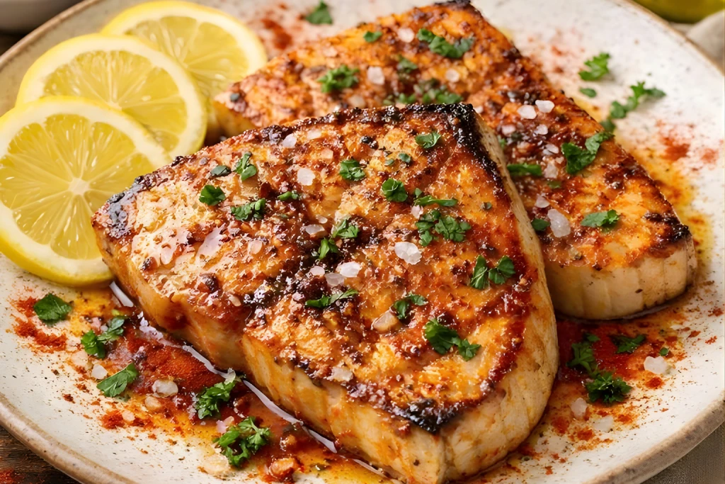 Emperador marinado con piment&oacute;n al lim&oacute;n a la plancha, con lim&oacute;n en rodajas y acabado gourmet sobre plato neutro.