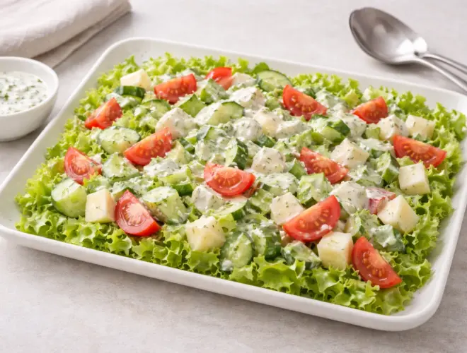 Ensalada con salsa de yogur con lechuga, pepino, tomate y manzana en bol blanco, luminosa y realista.