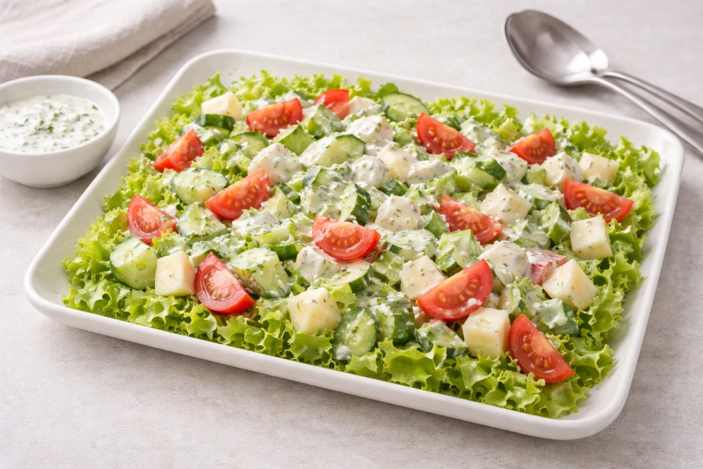 Ensalada con salsa de yogur con lechuga, pepino, tomate y manzana en bol blanco, luminosa y realista.