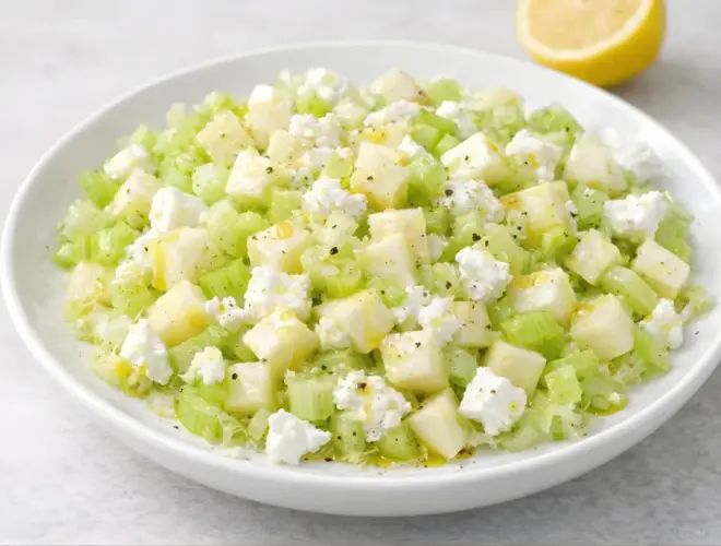 Ensalada de apio y manzana con dados de manzana, apio picado y queso fresco de cabra, ali&ntilde;ada con aceite de oliva y lim&oacute;n en plato blanco.