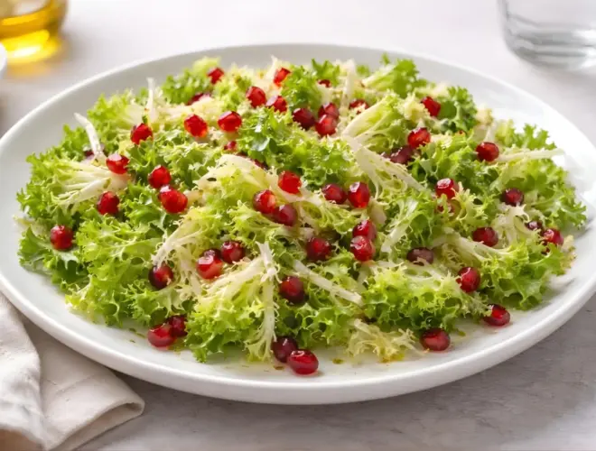 Ensalada de escarola y granada en plato blanco, con hojas crujientes de escarola, granos de granada y vinagreta emulsionada con mostaza de Dijon