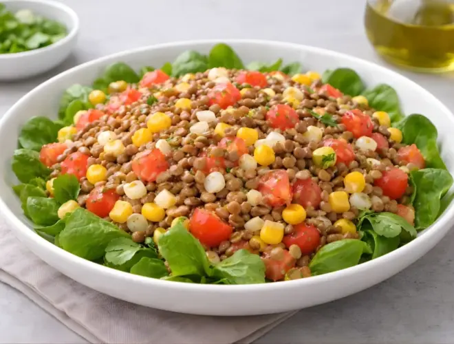 Ensalada de lentejas con ma&iacute;z servida en un cuenco blanco sobre cama de hojas verdes, con dados de tomate y granos de ma&iacute;z, ali&ntilde;ada con aceite de oliva en una escena luminosa y de fondo neutro.