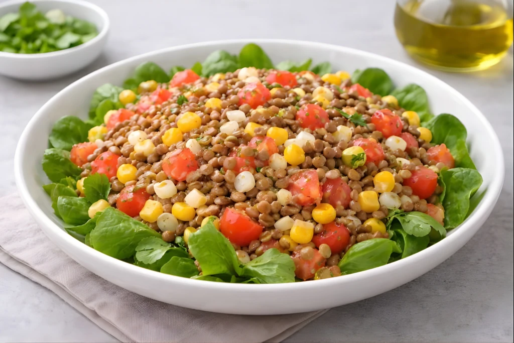 Ensalada de lentejas con ma&iacute;z servida en un cuenco blanco sobre cama de hojas verdes, con dados de tomate y granos de ma&iacute;z, ali&ntilde;ada con aceite de oliva en una escena luminosa y de fondo neutro.