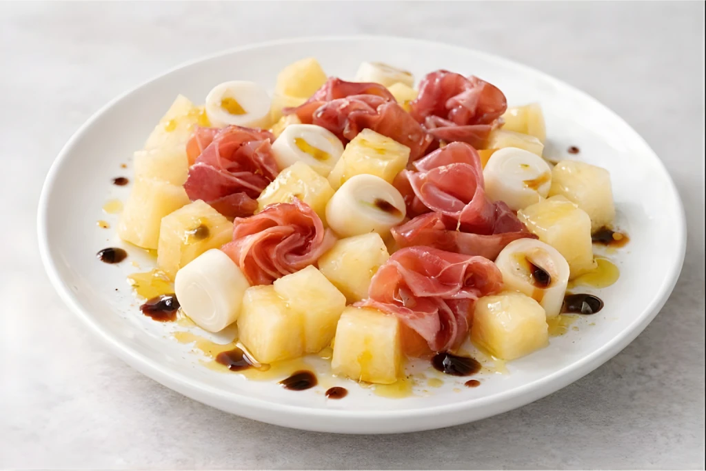 Ensalada de mel&oacute;n, palmito y jam&oacute;n serrano en plato blanco, con dados de mel&oacute;n, rodajas de palmito y jam&oacute;n, ali&ntilde;ada con aceite de oliva y vinagre de M&oacute;dena.