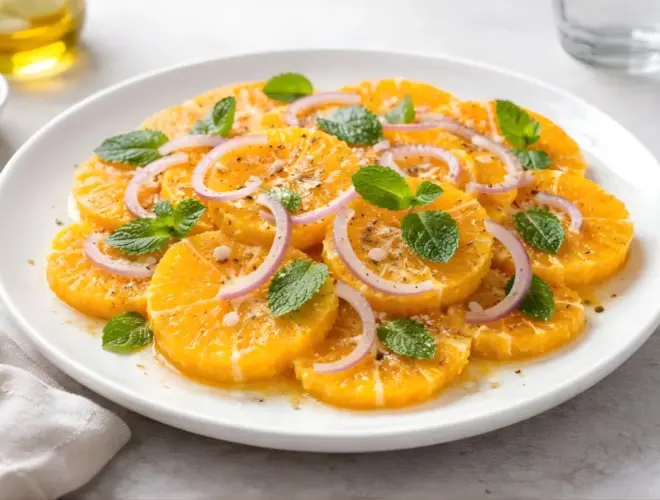 Ensalada de naranja con rodajas de naranja fresca, cebolla en juliana y hojas de hierbabuena, ali&ntilde;ada con aceite de oliva y vinagre.