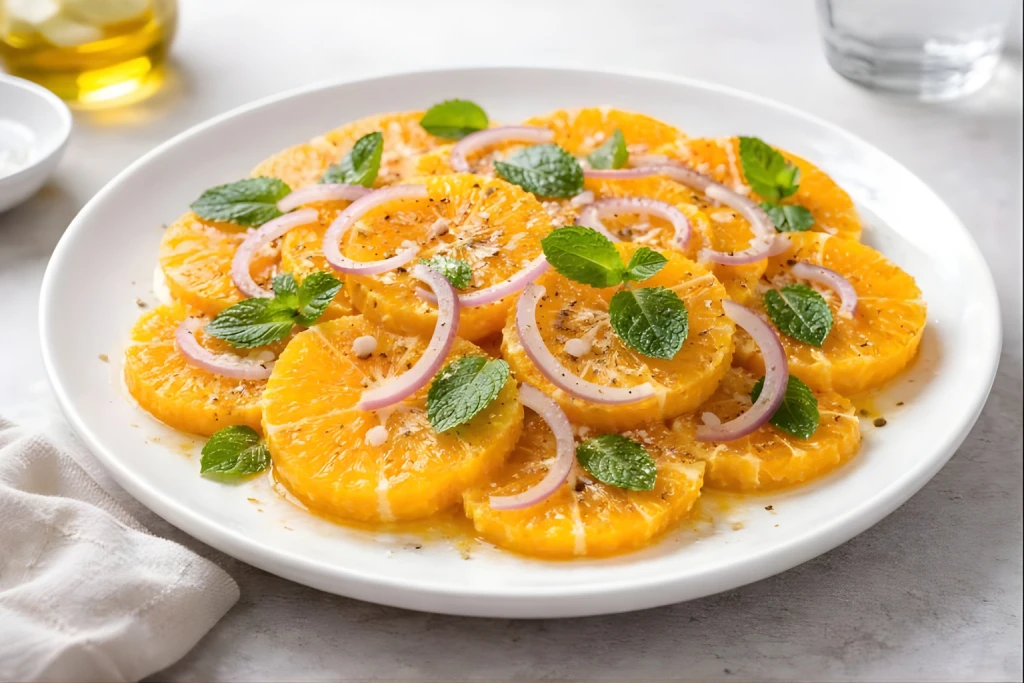 Ensalada de naranja con rodajas de naranja fresca, cebolla en juliana y hojas de hierbabuena, ali&ntilde;ada con aceite de oliva y vinagre.