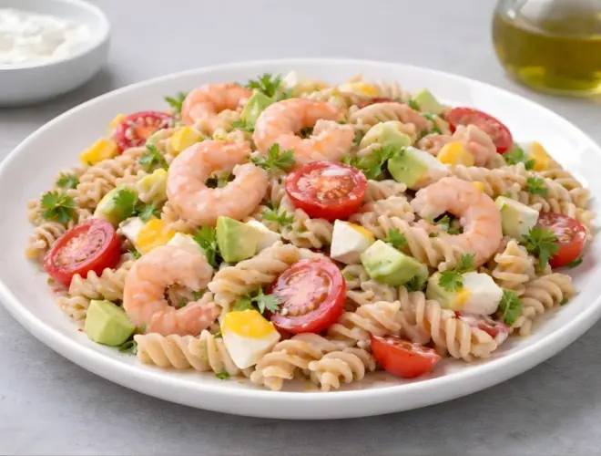 Ensalada de pasta con gambas servida en plato blanco, con espirales de pasta, gambas cocidas, tomates, dados de mango y pi&ntilde;a, y salsa rosa en un entorno luminoso y fondo neutro.