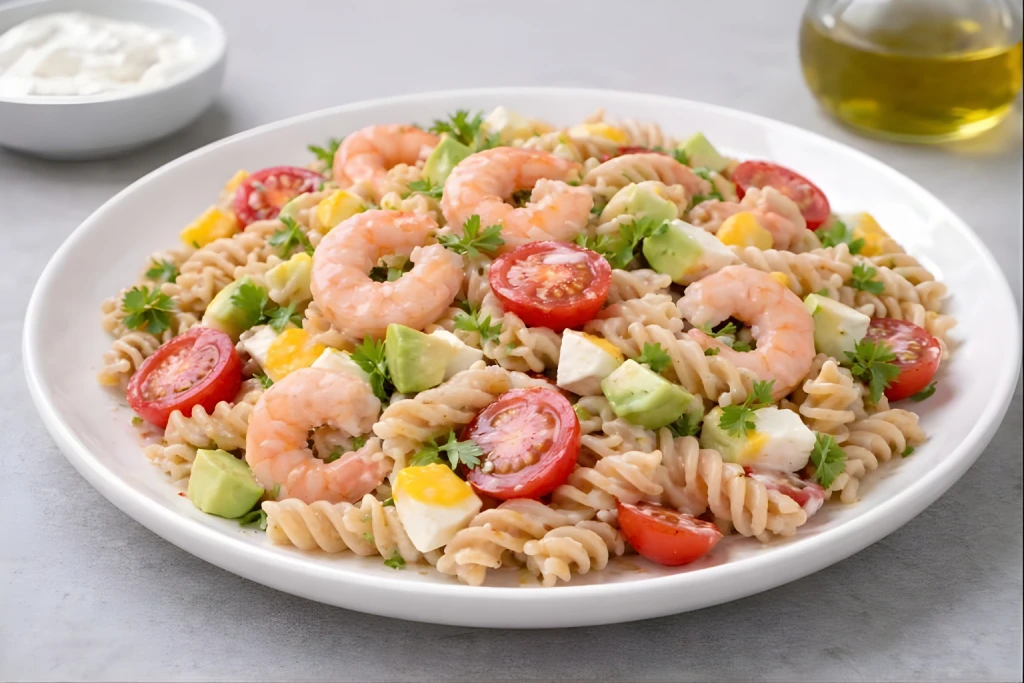 Ensalada de pasta con gambas servida en plato blanco, con espirales de pasta, gambas cocidas, tomates, dados de mango y pi&ntilde;a, y salsa rosa en un entorno luminoso y fondo neutro.