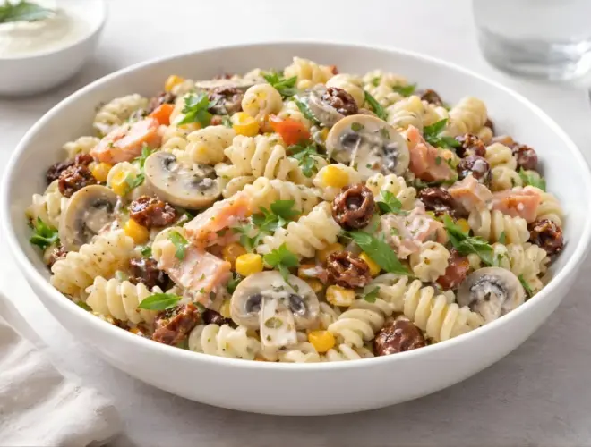 Ensalada de pasta con salsa de yogur servida en bol blanco, con pasta al dente, champi&ntilde;ones laminados, salm&oacute;n en tiras y tomate seco, terminada con hierbas frescas.