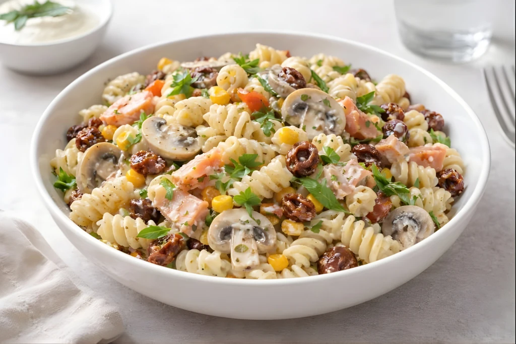 Ensalada de pasta con salsa de yogur servida en bol blanco, con pasta al dente, champi&ntilde;ones laminados, salm&oacute;n en tiras y tomate seco, terminada con hierbas frescas.