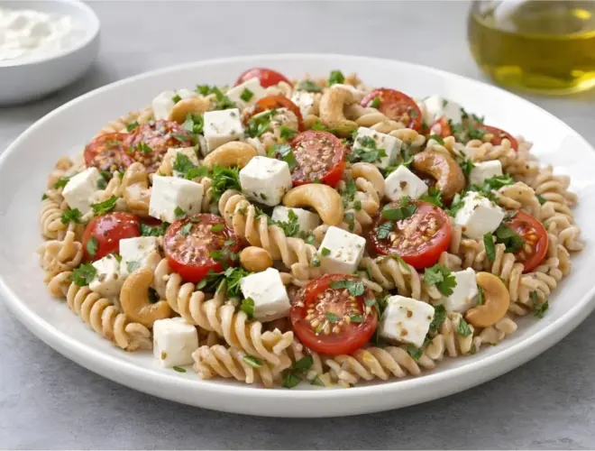 Ensalada de pasta integral con anacardos y queso fresco en plato blanco, con espirales integrales, dados de queso, anacardos y tomate, servida con salsa de yogur en un ambiente luminoso.