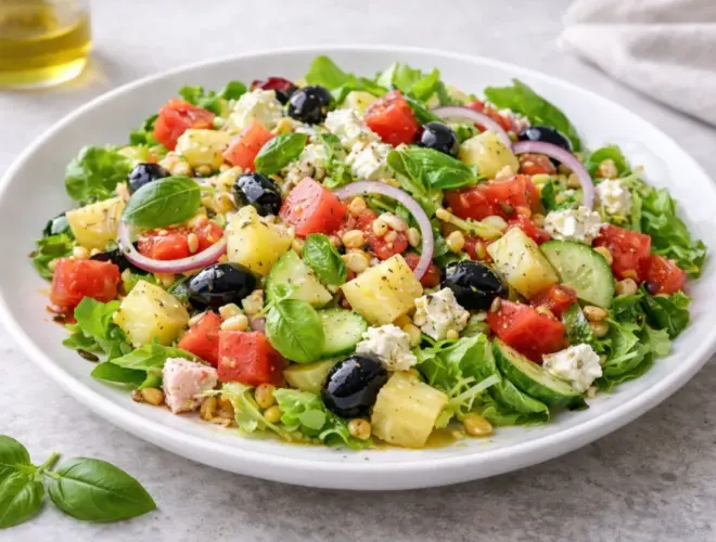 Ensalada de verano con lechuga crujiente, tomates cherry, bolitas de melón y queso feta, aliñada con vinagreta de limón y aceite de oliva