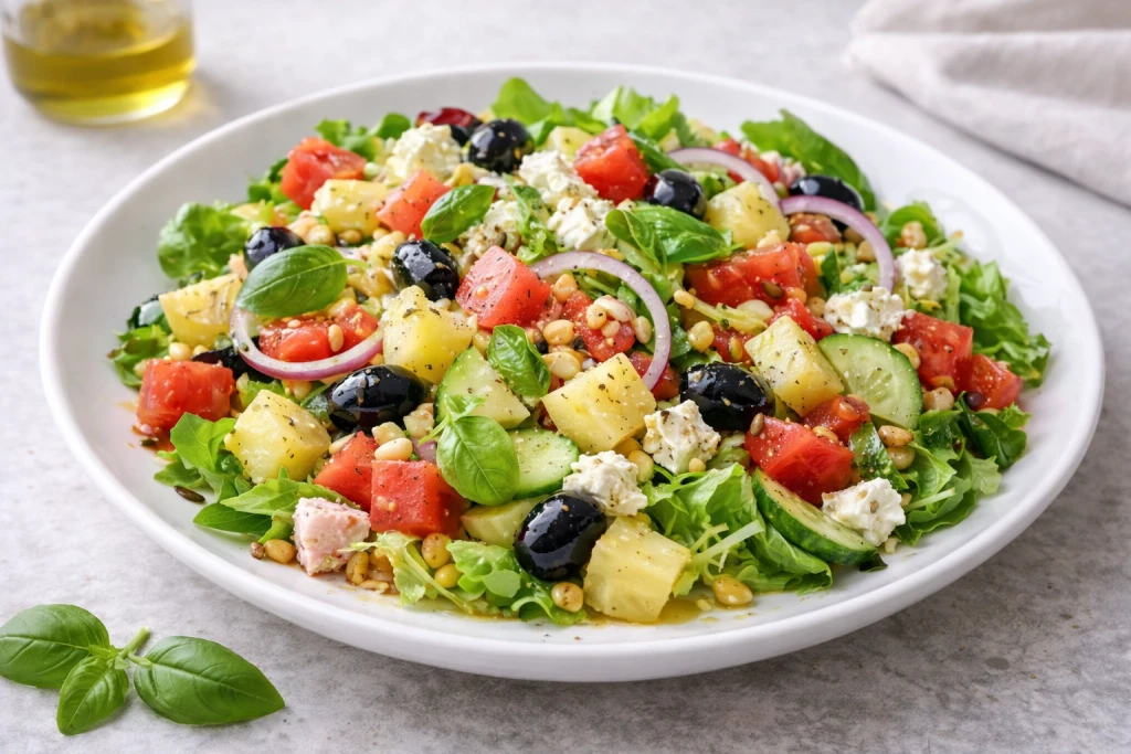Ensalada de verano con lechuga crujiente, tomates cherry, bolitas de mel&oacute;n y queso feta, ali&ntilde;ada con vinagreta de lim&oacute;n y aceite de oliva