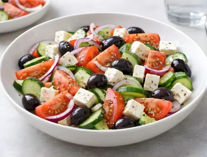 Ensalada griega gourmet en cuenco de cerámica con lechuga romana, gajos de tomate, rodajas de pepino, cebolla en aros, aceitunas negras y queso feta, con aceite de oliva y pimienta.