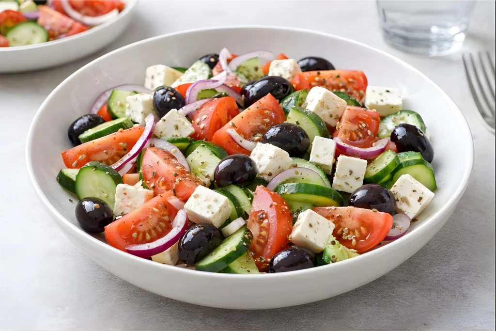 Ensalada griega gourmet en cuenco de cer&aacute;mica con lechuga romana, gajos de tomate, rodajas de pepino, cebolla en aros, aceitunas negras y queso feta, con aceite de oliva y pimienta.