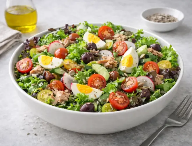 Ensalada mediterr&aacute;nea en bol blanco con verduras frescas y ali&ntilde;o, fotograf&iacute;a gourmet luminosa con fondo neutro.