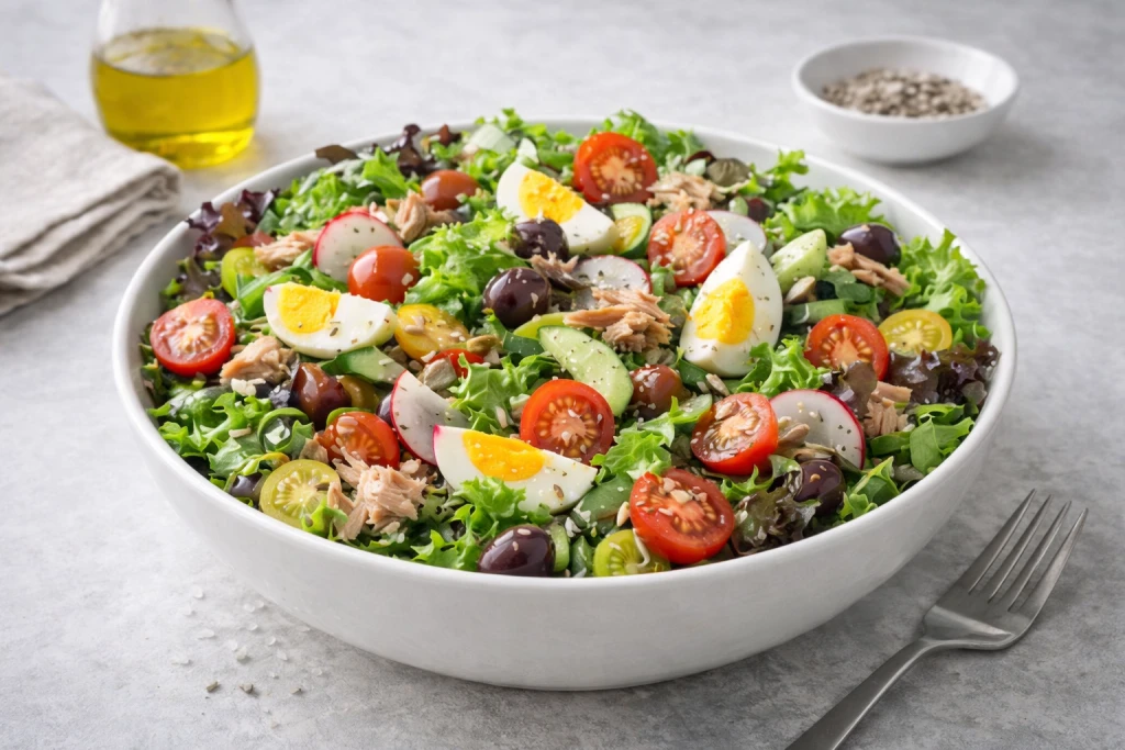 Ensalada mediterr&aacute;nea en bol blanco con verduras frescas y ali&ntilde;o, fotograf&iacute;a gourmet luminosa con fondo neutro.