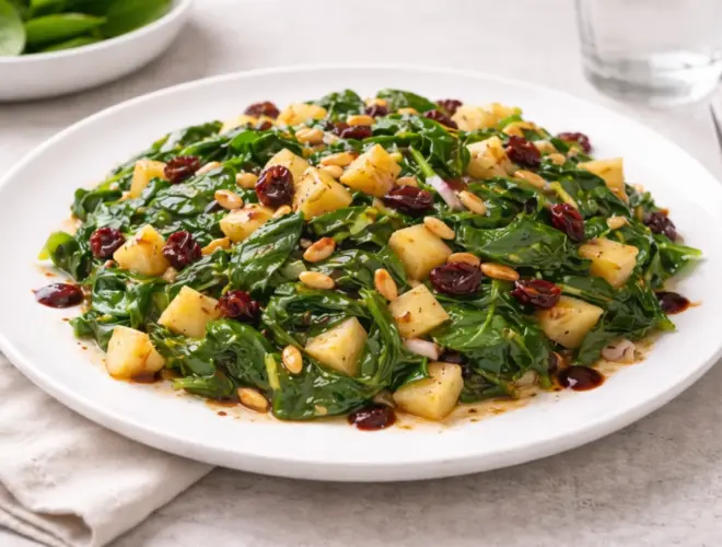 Ensalada templada de espinacas con manzana, pasas y pi&ntilde;ones servida en plato blanco.