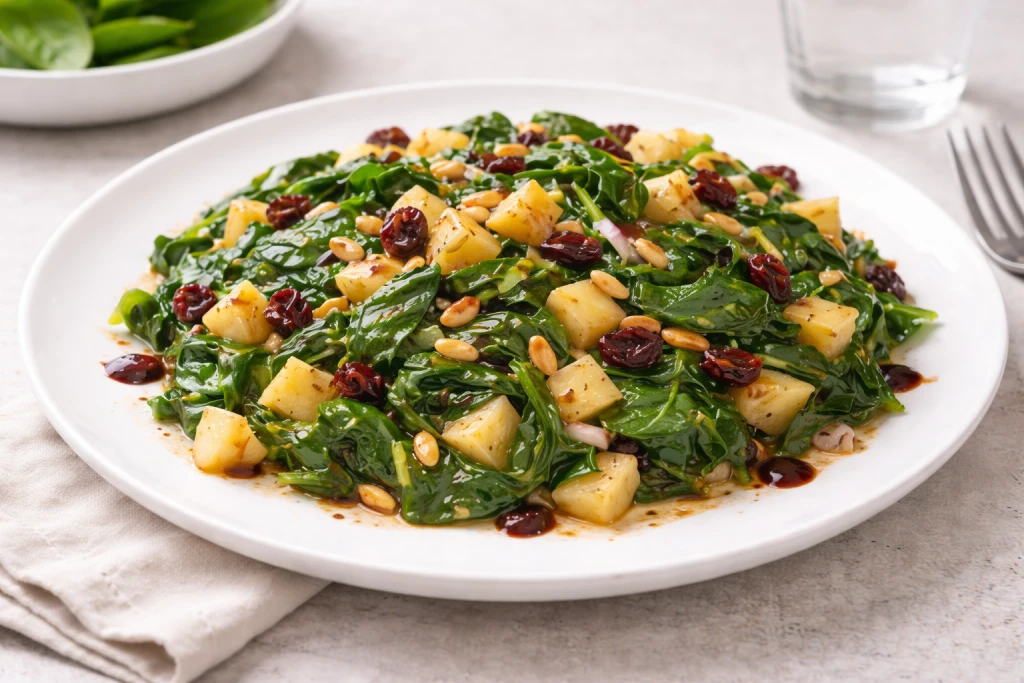 Ensalada templada de espinacas con manzana, pasas y pi&ntilde;ones servida en plato blanco.