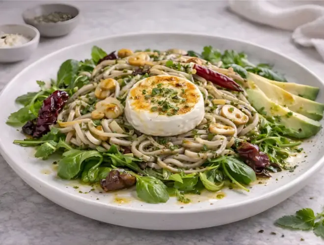 Ensalada templada de gulas con brotes tiernos, queso fresco de cabra a la plancha y aguacate, con ajo dorado y guindilla; foto gourmet luminosa sobre fondo neutro.