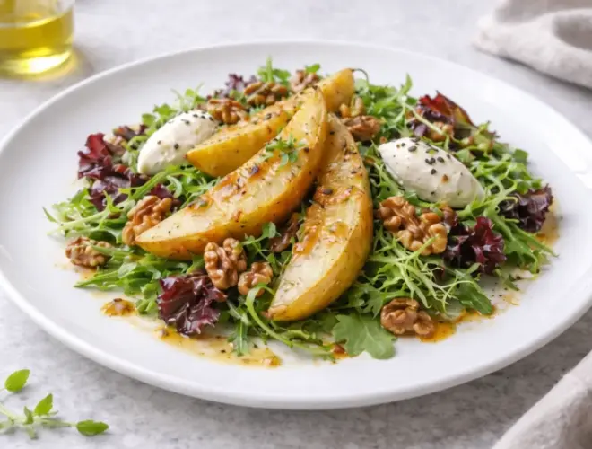 Ensalada templada de pera a la mostaza con brotes tiernos, taquitos de pavo y nueces, con ali&ntilde;o de mostaza y bals&aacute;mico en plato blanco y luz natural