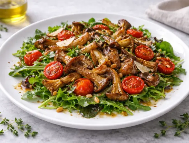 Ensalada templada de setas con tomates cherry, perejil picado, aceite de oliva y vinagre balsámico, servida en plato blanco sobre fondo piedra claro con luz natural.