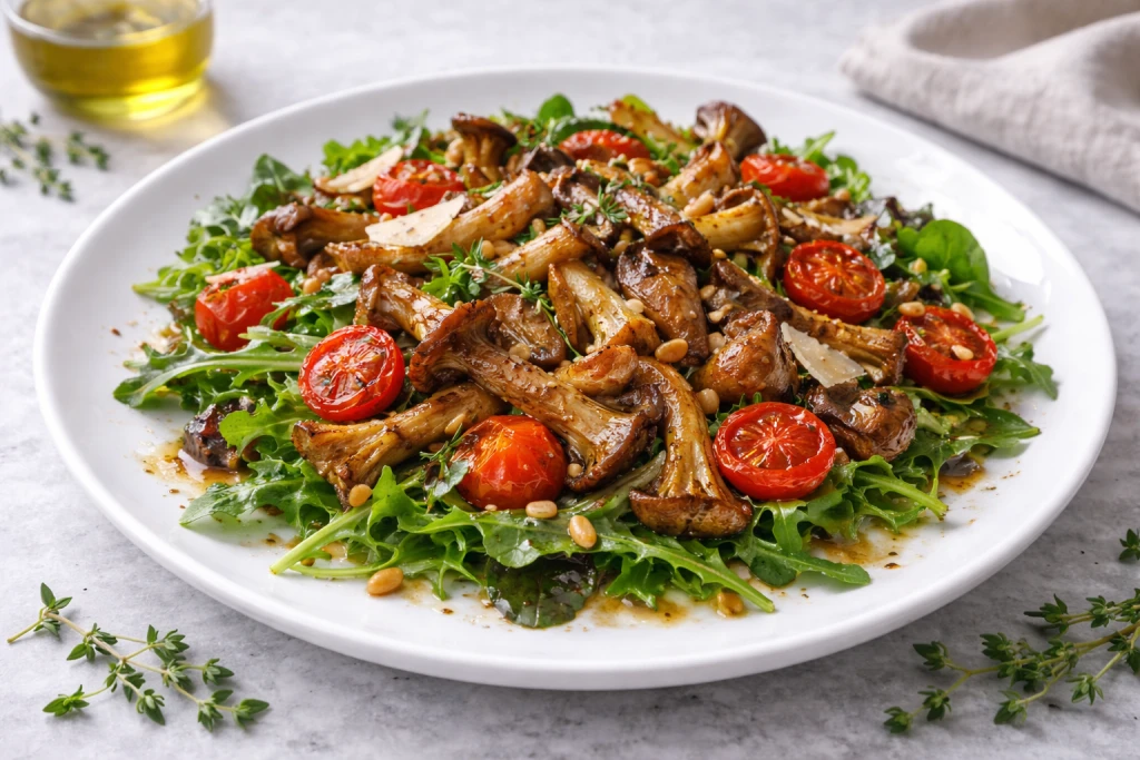 Ensalada templada de setas con tomates cherry, perejil picado, aceite de oliva y vinagre bals&aacute;mico, servida en plato blanco sobre fondo piedra claro con luz natural.