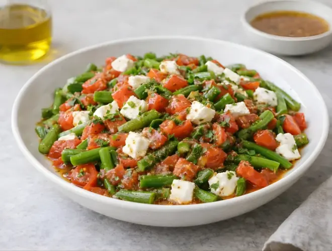 Ensaladilla de jud&iacute;as verdes con tomate y queso fresco de cabra, ali&ntilde;ada con vinagreta de tomate, servida en plato blanco con luz natural y fondo neutro