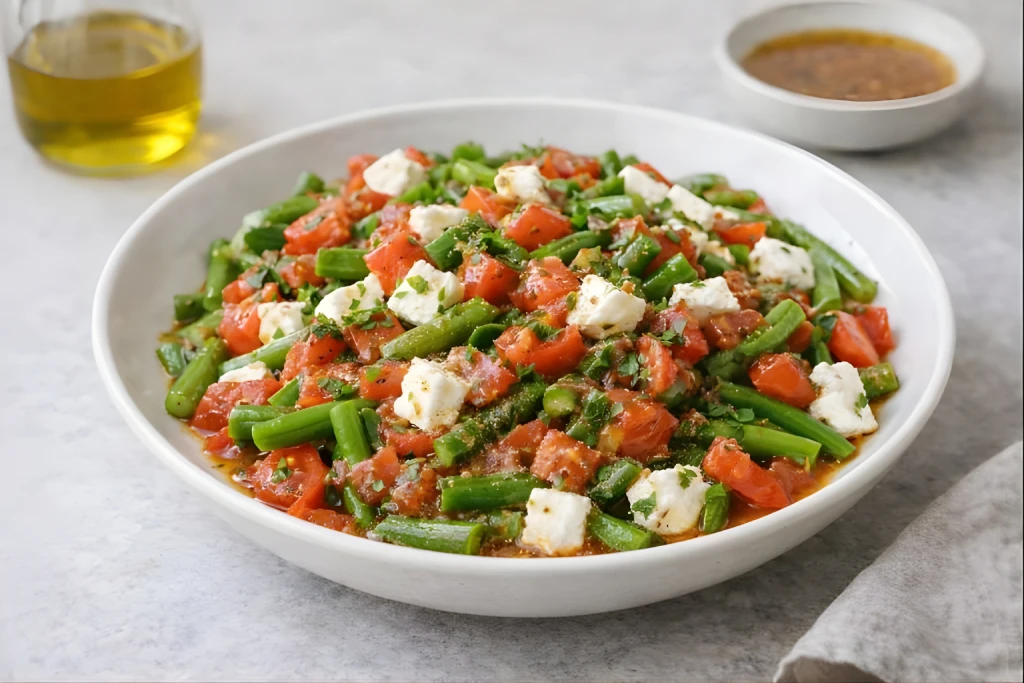 Ensaladilla de jud&iacute;as verdes con tomate y queso fresco de cabra, ali&ntilde;ada con vinagreta de tomate, servida en plato blanco con luz natural y fondo neutro