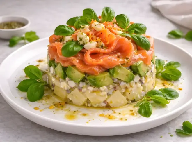 Ensaladilla de patata, salm&oacute;n y aguacate presentada en timbal sobre plato blanco, con l&aacute;minas de salm&oacute;n ahumado, dados de aguacate, cebolla morada y hojas de albahaca; foto gourmet luminosa y fondo neutro.