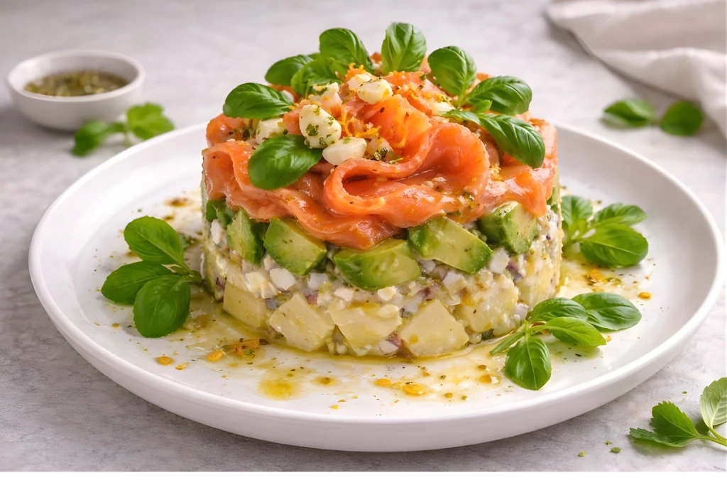 Ensaladilla de patata, salm&oacute;n y aguacate presentada en timbal sobre plato blanco, con l&aacute;minas de salm&oacute;n ahumado, dados de aguacate, cebolla morada y hojas de albahaca; foto gourmet luminosa y fondo neutro.