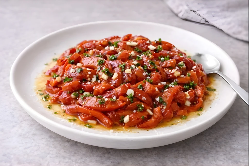 Ensaladilla de pimientos asados estilo Julia servida en plato llano, pimientos rojos en tiras con aceite de oliva y ajo picado, fondo neutro y luz natural