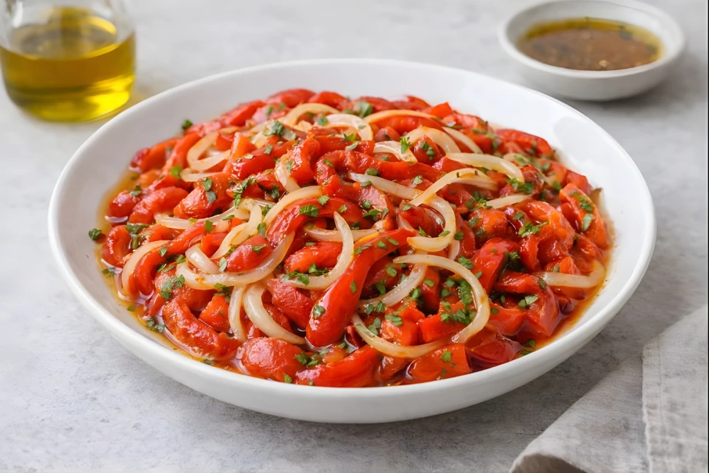Ensaladilla de pimientos asados con tiras de pimiento rojo y cebolla dulce, ali&ntilde;ada con aceite de oliva y vinagre bals&aacute;mico, en plato blanco y fondo neutro
