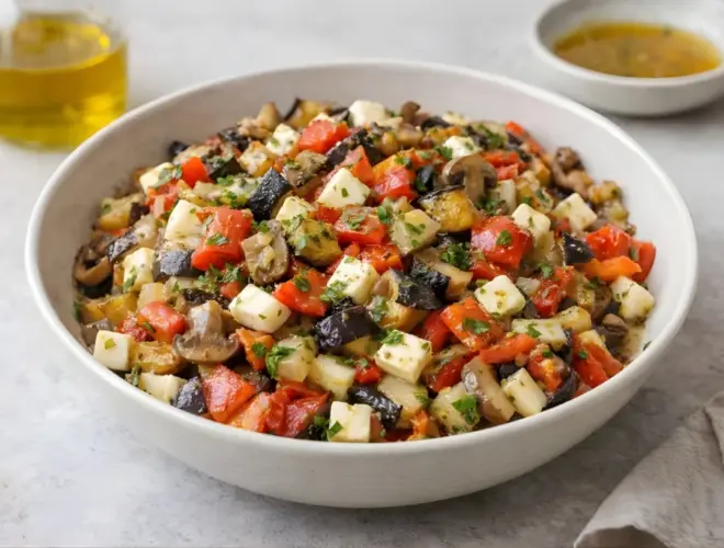 Ensaladilla de verduras asadas con berenjena, pimiento rojo, cebolla y setas, mezclada con mozzarella en dados y vinagreta bals&aacute;mica