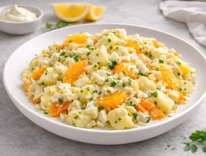 Ensaladilla malague&ntilde;a gourmet con patata cocida, dados de naranja, at&uacute;n, huevo picado y aceitunas negras, en plato blanco y luz natural.