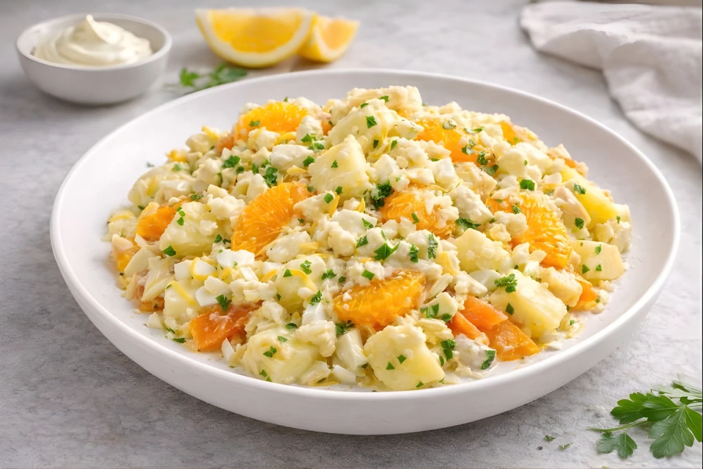 Ensaladilla malague&ntilde;a gourmet con patata cocida, dados de naranja, at&uacute;n, huevo picado y aceitunas negras, en plato blanco y luz natural.