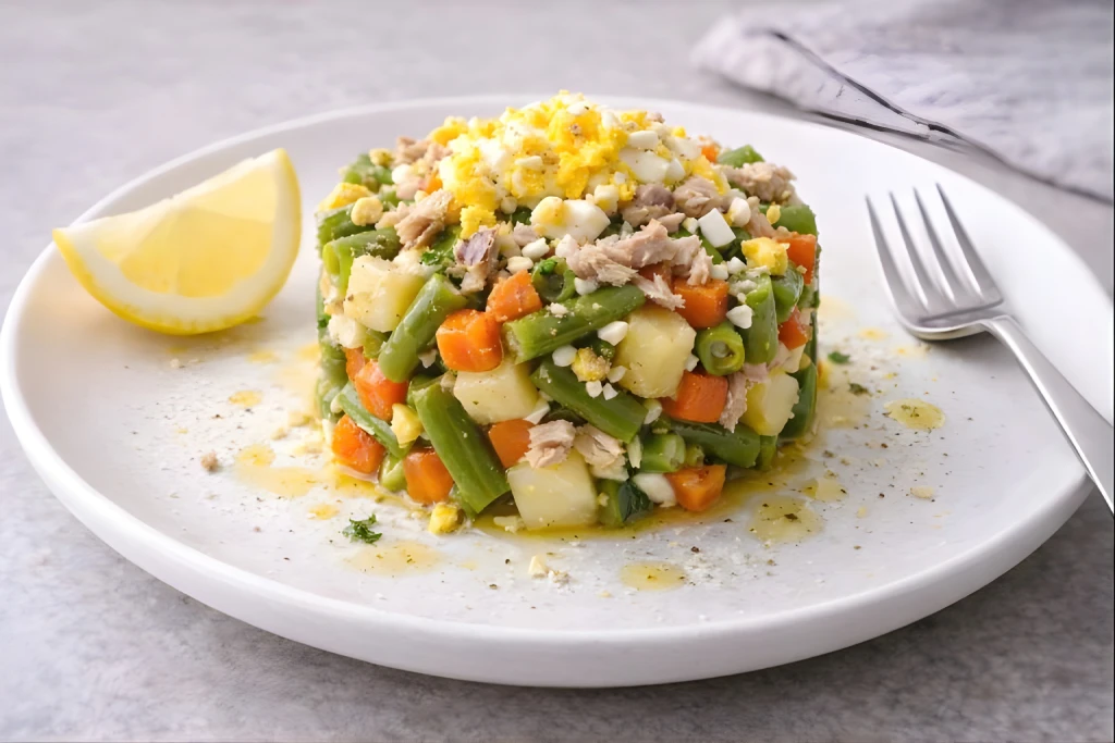 Ensaladilla de jud&iacute;as verdes en plato llano con patata y zanahoria, at&uacute;n desmenuzado y huevo duro en rodajas, ali&ntilde;ada con lim&oacute;n y aceite de oliva, luz natural y fondo neutro