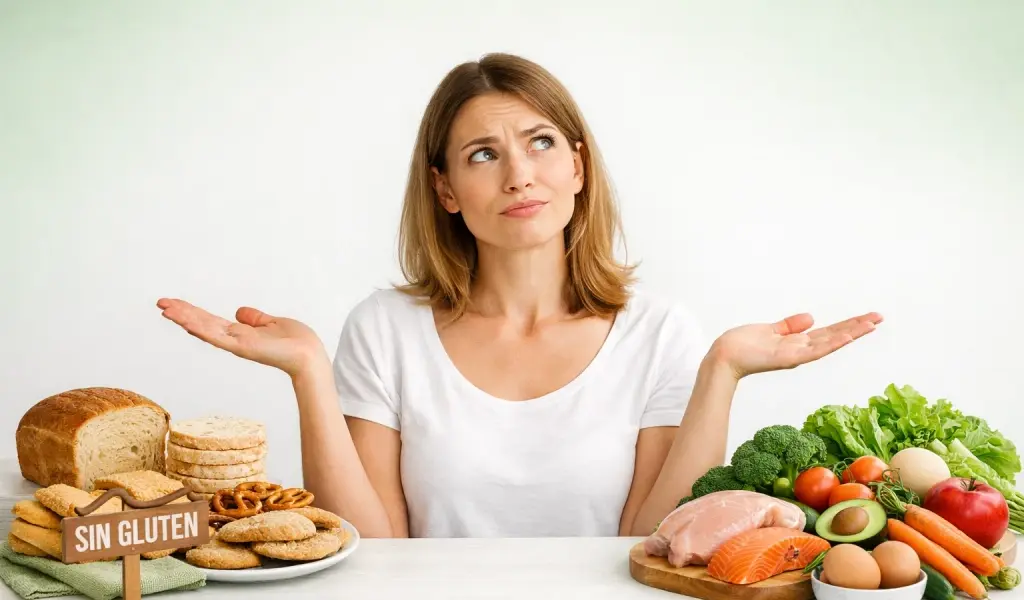Mujer dudando entre Mujer dudando entre productos sin gluten y alimentos saludables por hinchaz&oacute;n abdominal