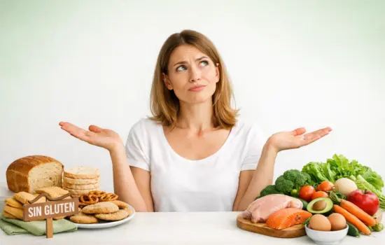 Mujer dudando entre Mujer dudando entre productos sin gluten y alimentos saludables por hinchazón abdominal