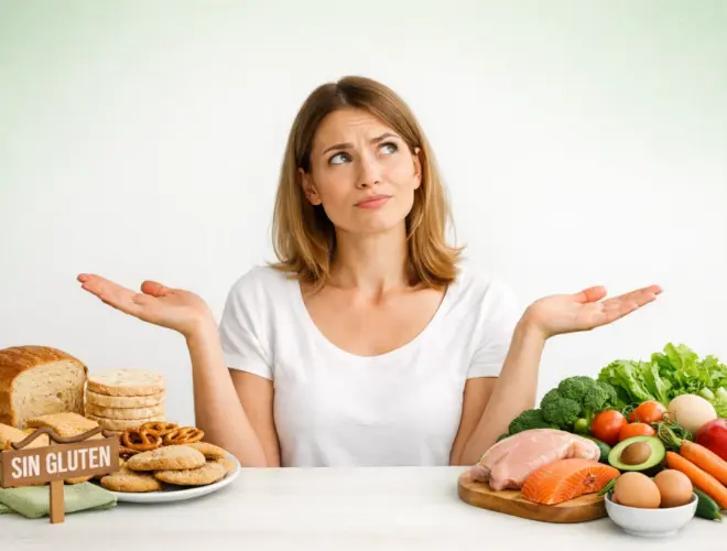 Mujer dudando entre Mujer dudando entre productos sin gluten y alimentos saludables por hinchaz&oacute;n abdominal
