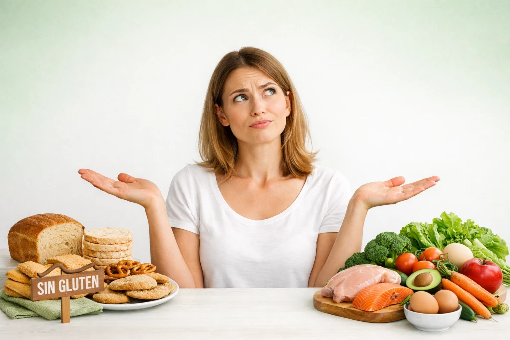 Mujer dudando entre Mujer dudando entre productos sin gluten y alimentos saludables por hinchaz&oacute;n abdominal