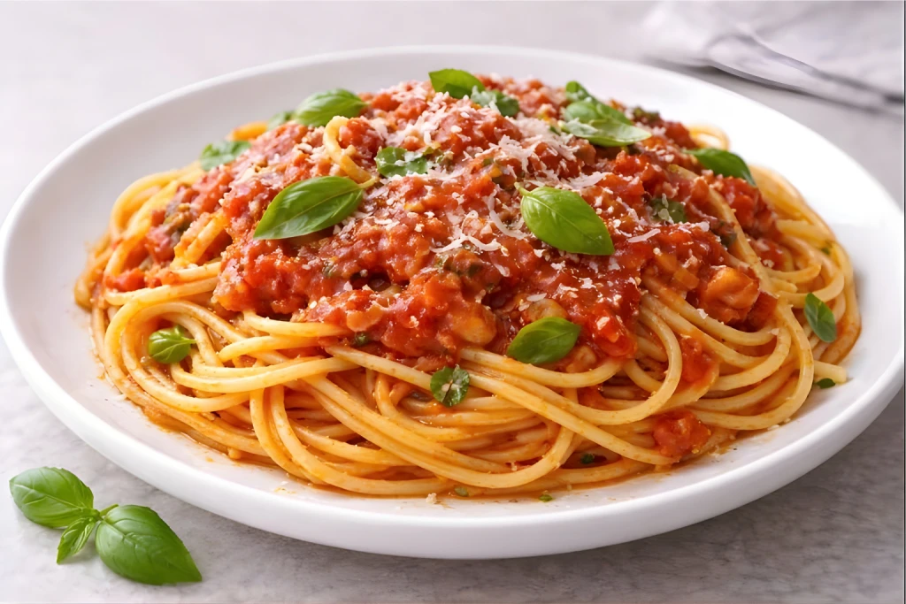 Espaguetis con salsa de tomate casera en plato blanco, con albahaca fresca y queso rallado desgrasado, fotograf&iacute;a luminosa y fondo neutro
