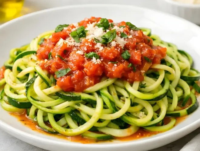 Espaguetis de calabac&iacute;n con salsa de tomate casera y hierbas arom&aacute;ticas, servidos en plato blanco con toque gourmet
