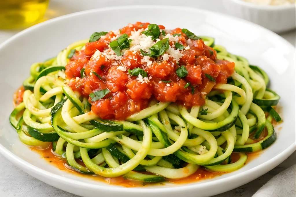 Espaguetis de calabac&iacute;n con salsa de tomate casera y hierbas arom&aacute;ticas, servidos en plato blanco con toque gourmet