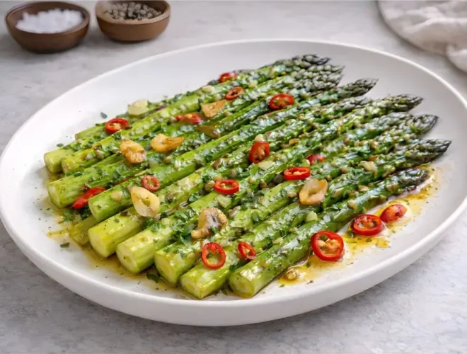 Esp&aacute;rragos trigueros con ajo y guindilla en fuente ovalada blanca, con l&aacute;minas de ajo dorado y rodajitas de guindilla roja, foto gourmet luminosa sobre fondo neutro.