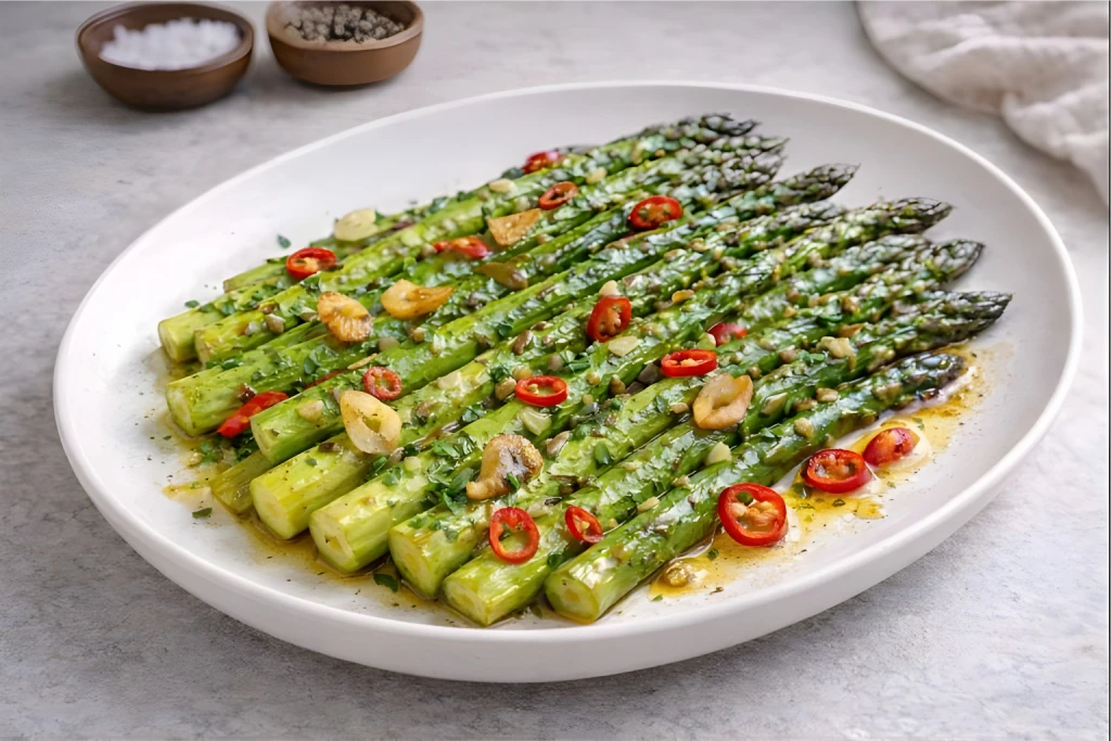Esp&aacute;rragos trigueros con ajo y guindilla en fuente ovalada blanca, con l&aacute;minas de ajo dorado y rodajitas de guindilla roja, foto gourmet luminosa sobre fondo neutro.