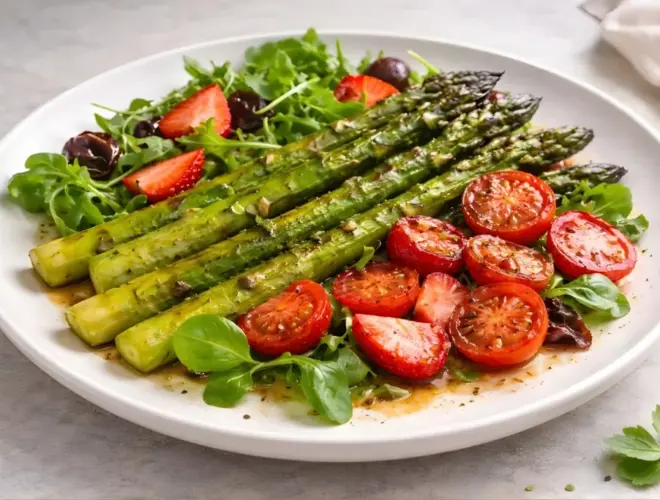 Esp&aacute;rragos verdes y tomates a la plancha con fresas laminadas y hojas verdes (can&oacute;nigos o r&uacute;cula), servidos en plato blanco con luz natural y fondo neutr