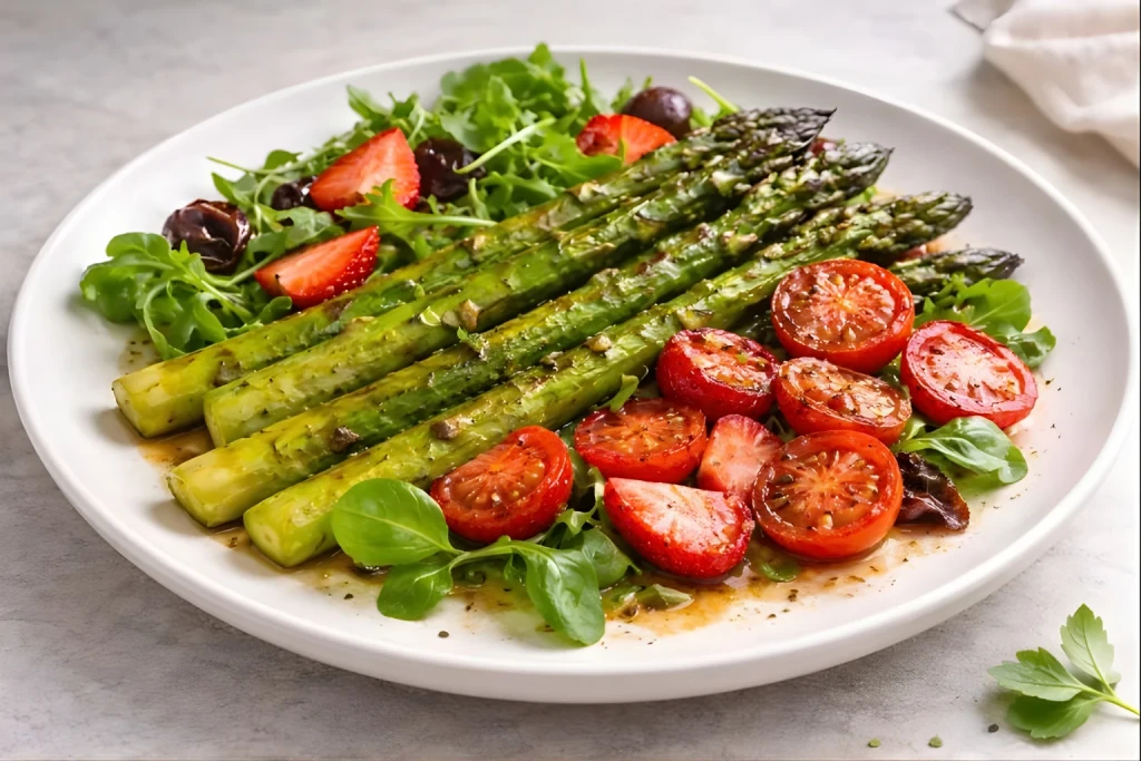 Esp&aacute;rragos verdes y tomates a la plancha con fresas laminadas y hojas verdes (can&oacute;nigos o r&uacute;cula), servidos en plato blanco con luz natural y fondo neutr