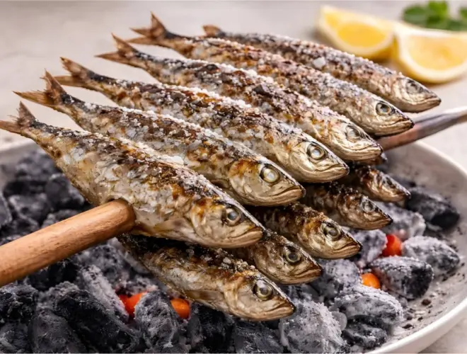 Espeto de sardinas a la brasa ensartado en ca&ntilde;a, con piel dorada y sal gorda, acompa&ntilde;ado de rodajas de lim&oacute;n; foto gourmet muy luminosa y fondo neutro.