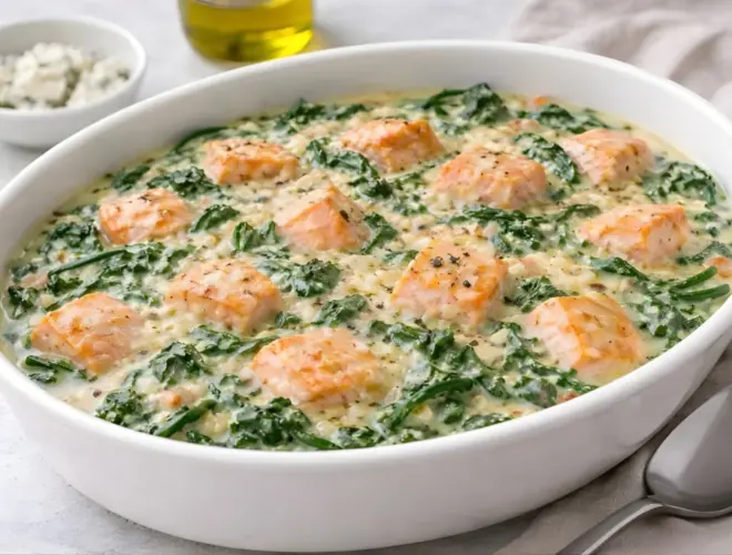 Espinacas a la crema con salm&oacute;n gratinadas en fuente blanca, con dados de salm&oacute;n dorados, crema ligera y acabado de queso rallado en fondo neutro y luminoso